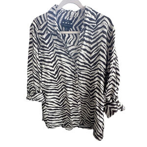 TAHARI Women Linen Top XL Brown‎ Button Down Animal Zebra Print Roll-Tab Sleeves